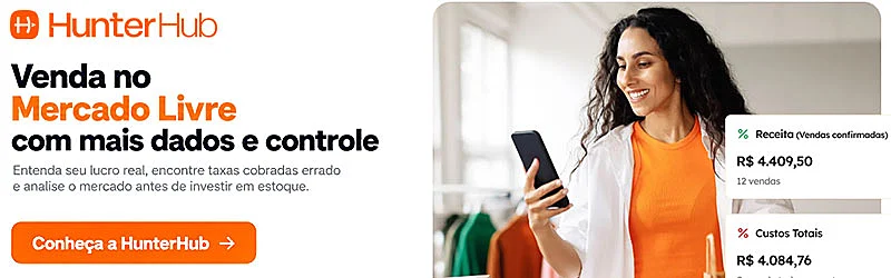 Banner Hunter Hub: venda no Mercado Livre com mais dados e controle — lucro real, taxas cobradas errado e análise de mercado antes de investir em estoque